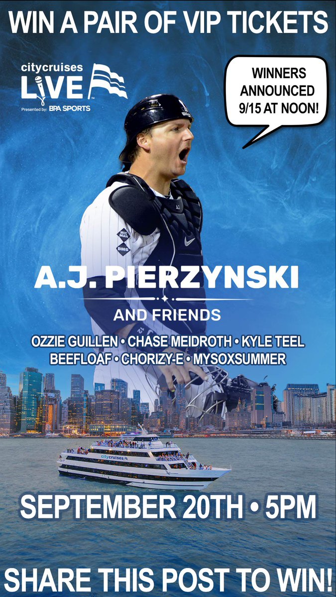 fromthe108's tweet photo. Wanna win a pair of VIP tickets to cruise with @ajpierzynski12 , @OzzieGuillen , Chase Meidroth & Kyle Teel on the beautiful Lake Michigan? Share this post for a chance to win! It's a really fun experience. 
We'll be there too, but it's hardly a selling point. 

You can also buy tickets here - https://t.co/tcRKNKpVAO