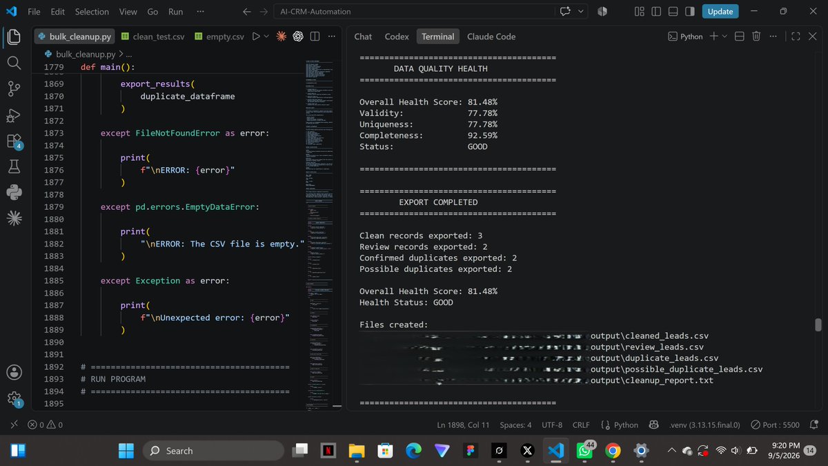 CtrlSEUN's tweet photo. Day 18: CRM health score.

Validity 40 / uniqueness 35 / completeness 25.

Messy file → 81% GOOD. Clean file → 100%. Empty/missing CSV errors.

Dupes = groups, not pairs÷2.

#Python #DataQuality #BuildInPublic https://t.co/Fjweup2yXq