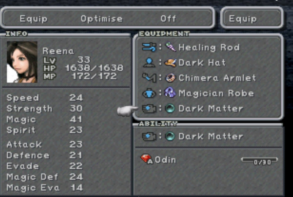 Wiss_Aerith's tweet photo. Forgot to mention this in with treno posts, Getting Dark Matter from treno auction house will allow dagger (named her reena) to learn and summon eidolon Odin early on in the game ✨
#ff9 https://t.co/YMq2aj3qp5