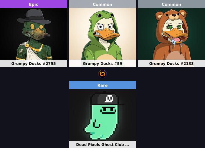 RareSwapOffers's tweet photo. โ
RareSwap Completed Swap โข Offer #3744
๐ค Creator sent
Grumpy Ducks #2755
Grumpy Ducks #59
Grumpy Ducks #2133
Coach
๐ฅ Acceptor sent
Dead Pixels Ghost Club #4810
Jagnostic
Trade NFTs for NFTs on @RareSwapEx
#RareSwap #HederaNFT
https://t.co/OksZduzrP8 https://t.co/0MAG33nkvU