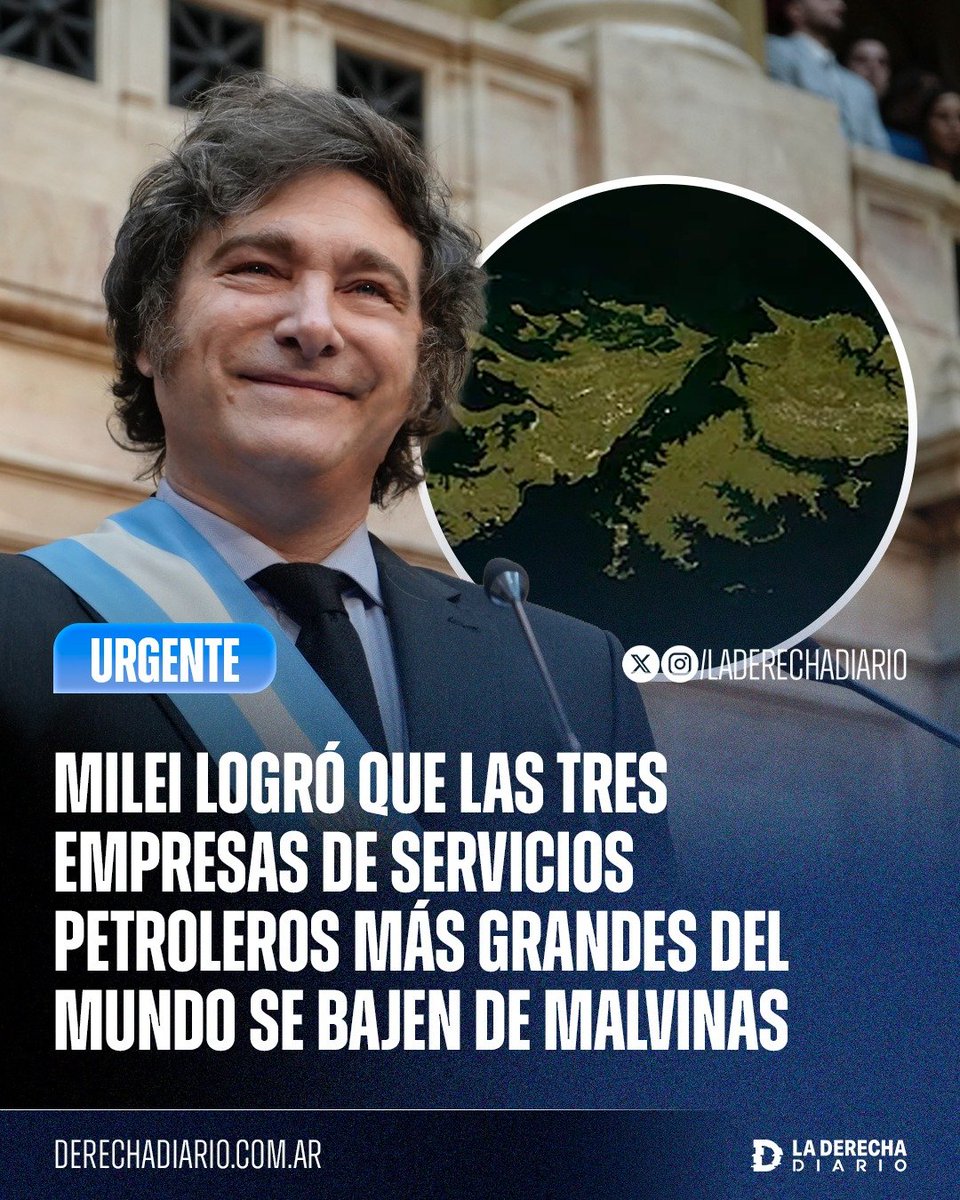 laderechadiario's tweet photo. 🚨🇦🇷🇬🇧 | URGENTE — MILEI LOGRÓ QUE LAS TRES EMPRESAS DE SERVICIOS PETROLEROS MÁS GRANDES DEL MUNDO SE BAJEN DE MALVINAS: Tras la cadena nacional y el endurecimiento de las sanciones impulsado por Javier Milei, SLB, Baker Hughes y Halliburton descartaron participar en proyectos hidrocarburíferos en las Islas Malvinas.

Las tres gigantes del sector eligieron preservar sus operaciones en la Argentina y mantenerse fuera de un proyecto desarrollado en territorio disputado, donde además quedan expuestas a sanciones y restricciones.

La estrategia del Gobierno combina presión legal con el atractivo de Vaca Muerta, un mercado mucho más grande, rentable, seguro y con reglas claras, para obligar a las multinacionales a elegir entre hacer negocios en la Argentina o involucrarse en la explotación ilegal de recursos argentinos en Malvinas.

El impacto es histórico: Las tres empresas de servicios petroleros más grandes del mundo descartaron participar en proyectos en Malvinas, debilitando directamente el desarrollo de Sea Lion al dejarlo sin acceso a los principales proveedores globales del sector.
