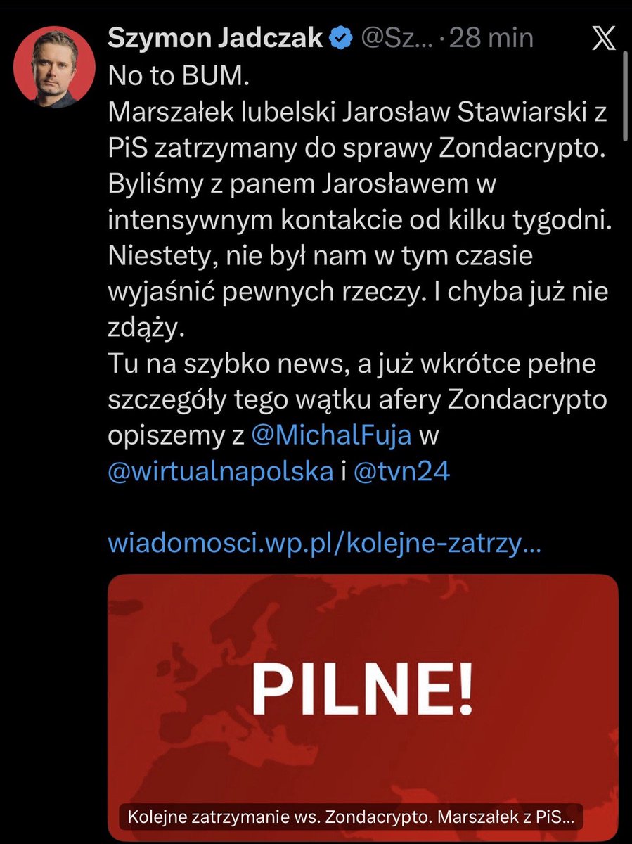 szachmad's tweet photo. Szymon Jadczak z Wirtualnej Polski wysmażył newsa o zatrzymaniu Stawiarskiego, wysmażył też "bum" na X. 

Kolejna kompromitacja.

Przedwcześnie go pochwalił minister Siemoniak. https://t.co/sW2cnHRwEL
