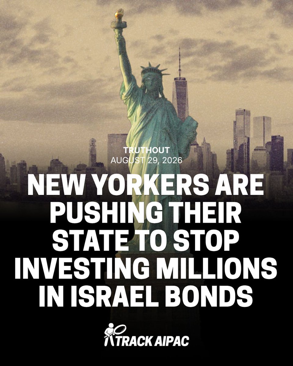 TrackAIPAC's tweet photo. New Yorkers are pushing their state to stop investing millions in Israel bonds.

"Break the Bonds New York State is targeting the New York State Common Retirement Fund. That fund holds over $360 million in Israel Bonds, making it one of the top U.S. investors in the bonds. It provides benefits to the more than 1.2 million members of the state retirement system, including workers retired from local schools, fire departments, public libraries, and more."

“These investments are unethical, they are potentially illegal, and they are financially irresponsible.” 

- via @truthout