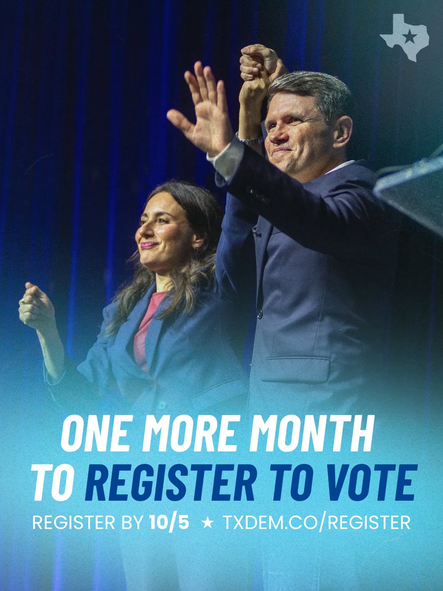 texasdemocrats's tweet photo. 🚨 TEXAS VOTERS: You only have one more month to register to vote. Make sure you are registered ASAP to ensure you can make your voice heard at the ballot box. 

If you’re not registered, visit https://t.co/HiN6Zx2EkL to start the process, and if you are, visit https://t.co/YjS9wSoTMd to double check that your registration status is active.