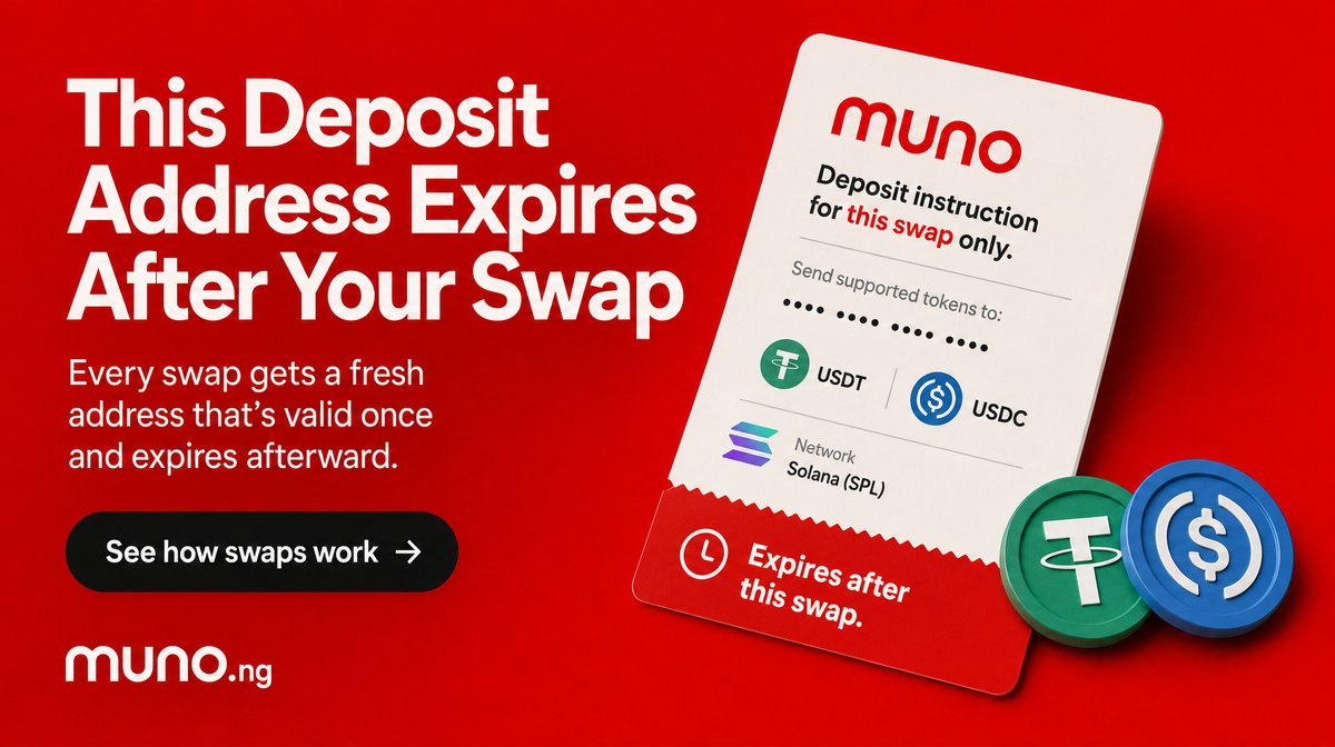 trymuno's tweet photo. Muno generates a fresh deposit address for every USDT or USDC swap on Solana—not a reused destination. One address. One swap. See how swaps work at https://t.co/WN0B2eELS9. #Cryptocurrency #Usdttonaira #Stablecoins #Usdc https://t.co/YiKQbbfhSj