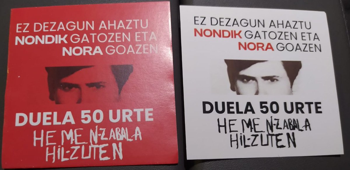 pegatineroak's tweet photo. Aste honetan Josu Zabala Erasunen erailketaren 50. urteurrena bete da.

@CCOO-eko militantea zen eta Guardia Zilbilak erail zuen Amnistiaren aldeko manifestazio batean, Hondarribian.

Hona hemen garai haietako pegatina bat eta gaur egun ateratako hiru.

Ez ahaztu 🌹 EzBarkatu https://t.co/mga0WNAq9E