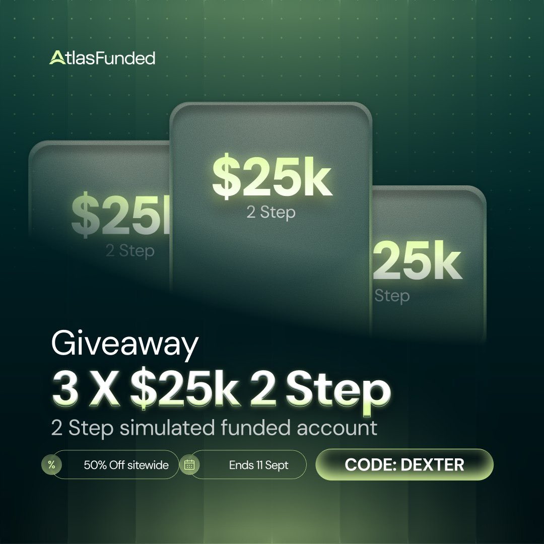 Dexterity_001's tweet photo. GIVEAWAY: 3 x $25K 2-Step accounts

To enter:
→ Follow @Dexterity_001 @LAntonioAF @atlasfunded @atlasfutures
→ Like + RT

🟣Join my TG community ,link in the comment section
Winners in 7 days.

Bonus: DEXTER is 50% off sitewide, and I'm gifting a $50K Instant to one person who picks up an account this week.

START HERE👇
[https://t.co/bY531HEgXi]