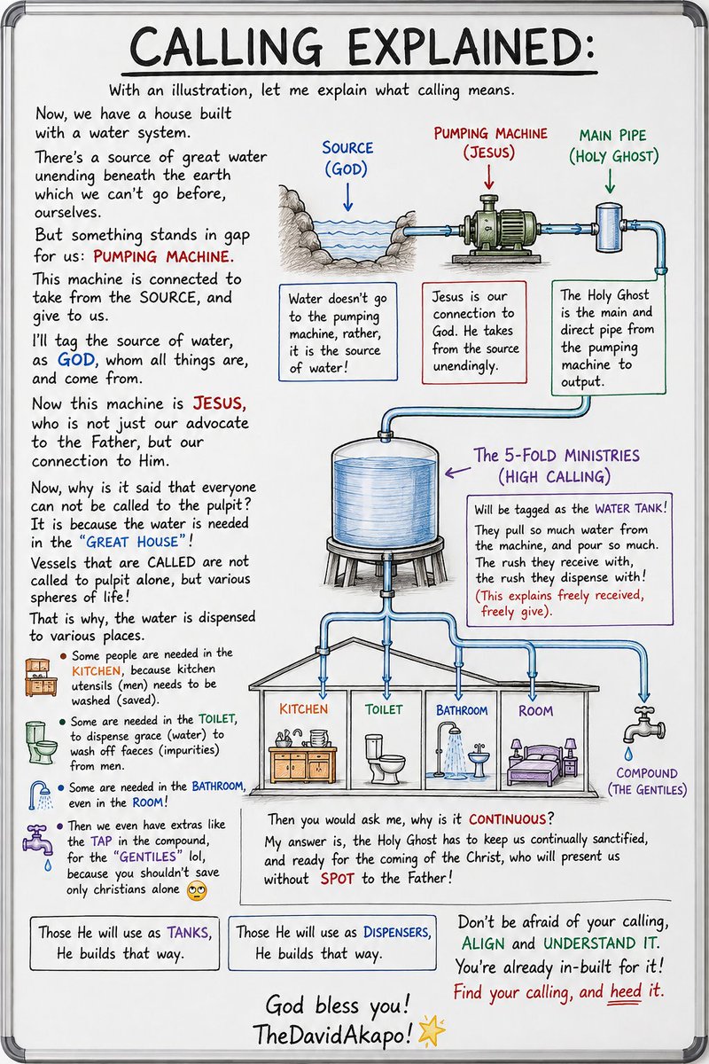 TheSentMan1's tweet photo. CALLING EXPLAINED: 

With an illustration, let me explain what calling means. 

Now,we have a house built with a water system. There's a source of great water unending beneath the earth which we can't go before, ourselves.  But something stands in gap for us: Pumping machine. This machine is connected to take from the SOURCE,and give to us. 

I'll tag the source of water,as God,whom all things are,and come from. Now this machine is Jesus,who is not just our advocate to the father, but our connection to Him. 

Now we have gotten a pumping machine,but how do we RETAIN and CONTAIN what we have found?The HOLYGHOST. 

The Holyghost is the main and direct pipe from the pumping machine,to output. Water doesn't go to the pumping machine,rather,it is the source of water!(read again). But what's the output?

Now,the 5 fold ministries(High calling),will be tagged as the water tank! They pull so much water from the machine,and pour so much. The rush they receive with,the rush they dispense with! (This explains freely received,freely give).

Now,why is it said that everyone can not be called to the pulpit? It is because the water is needed in the "Great House"! Vessels that are CALLED are not called to pulpit alone,but various spheres of life! That is why,the water is dispensed to various places. Some people are needed to be in the kitchen,because kitchen utensils (men)needs to be washed(saved). Some are needed in the toilet ,to dispense grace(water) to wash off faeces(impurities)from men. Some are needed in the bathroom,even in the room! Then we even have extras like the tap in the compound, for the "gentiles" lol,because you shouldn't save only christains alone 🙄

Then you would ask me,why is it continuous?My answer is,the Holyghost has to keep us continually sanctified,and ready for the coming of the Christ,who will present us without SPOT to the Father!

Those He will use as tanks,He builds that way.
Those He will use as dispensers,He builds that way.

Don't be afraid of your calling,align and understand it. You're already in-built for it! Find your calling,and heed it.

God bless you!

TheDavidAkapo!💫