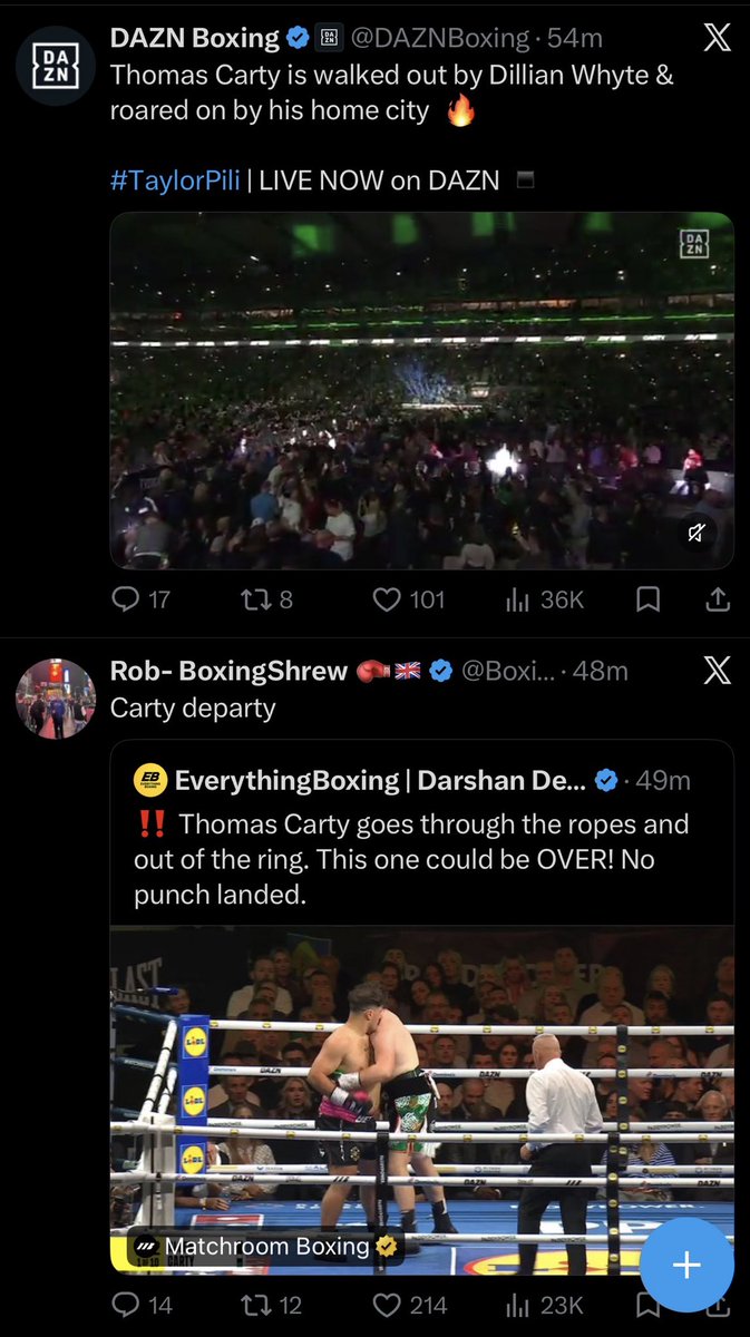 SebParkinson's tweet photo. It happened that fast they were just two tweets apart. #allencarty
Hope heโs okay! #boxing https://t.co/uAc9OHXMgD