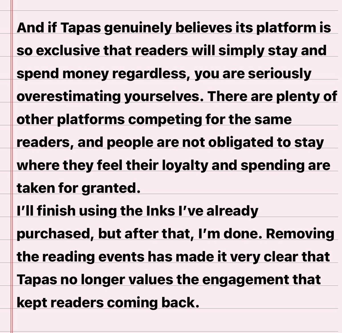 MiaPista's tweet photo. Hey Tapas,

You didn’t just remove an event. You removed one of the biggest reasons for readers to stay. https://t.co/zR34diRWhr