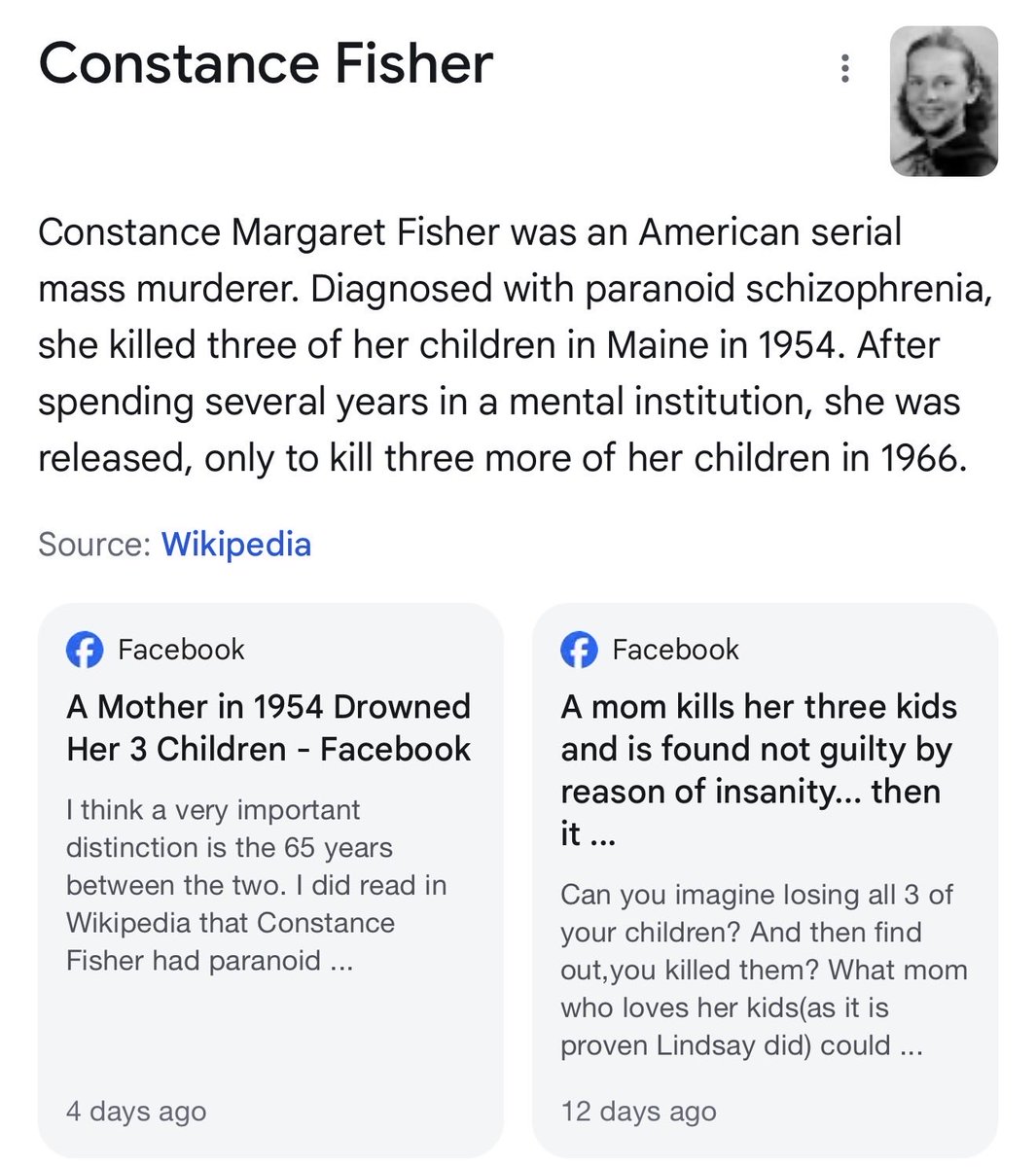 TheRealJornae's tweet photo. @robbystarbuck Constance Fisher drowned 6 of her children in a bathtub. 3 children in 1954. She went to a mental institution and was released. Had 3 more children and drowned them in the bathtub in 1966. https://t.co/JiZtloZzq7