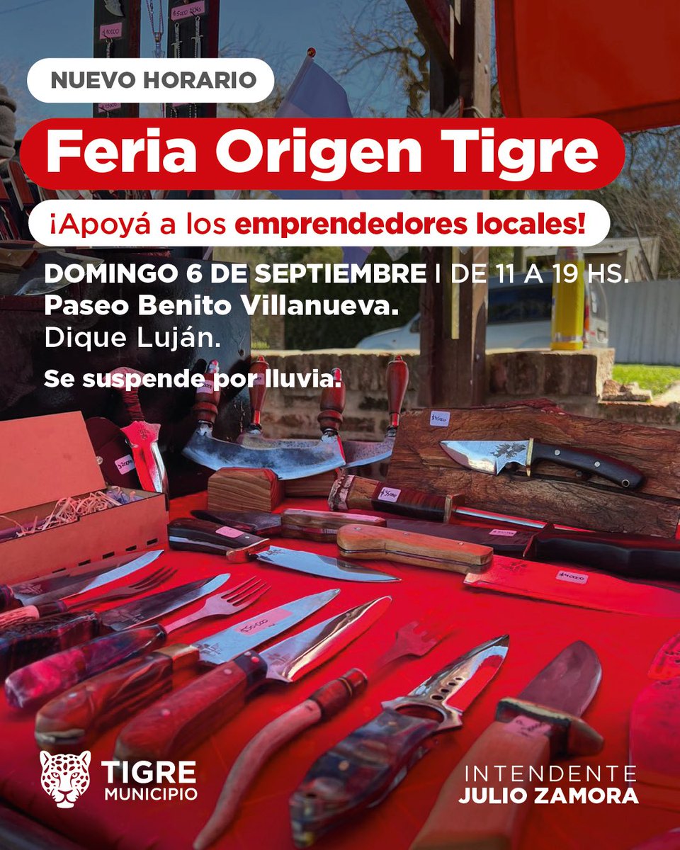 MunicipioTigre's tweet photo. Este domingo 6 de septiembre de 11 a 19hs, los invitamos a visitar la feria de #OrigenTigre. ¡No se pierdan los increíbles productos de nuestros emprendedores locales! 👜🐯

📌Paseo Benito Villanueva, Dique Luján

#TigreEsMiVida https://t.co/5Fkj3TzH22
