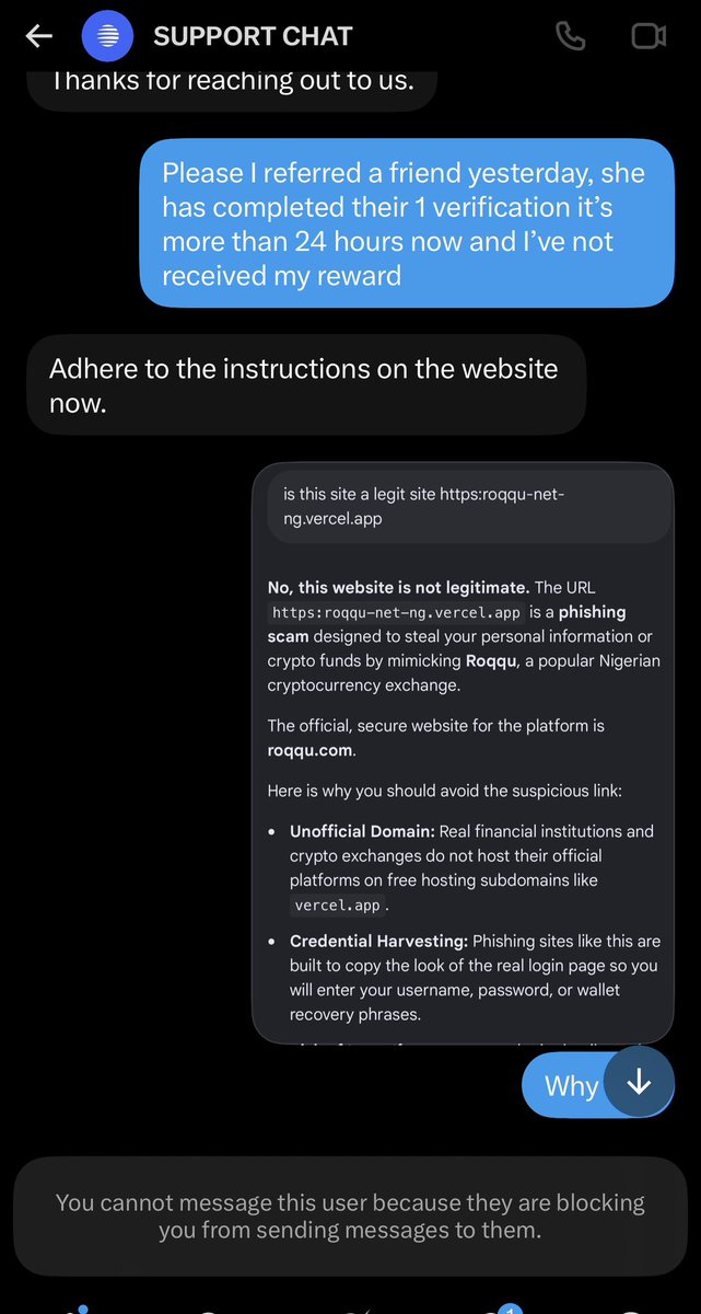 Ebyblion001's tweet photo. Hi guys be careful of this scammer parading as a Roqqu chat support, 
They use this fake site to steal your coins,

https:https://t.co/laXHM537gi
Don’t fall for it, below is the profile and chat i had with him, this is 100% scam. https://t.co/O1Lg37g5vW