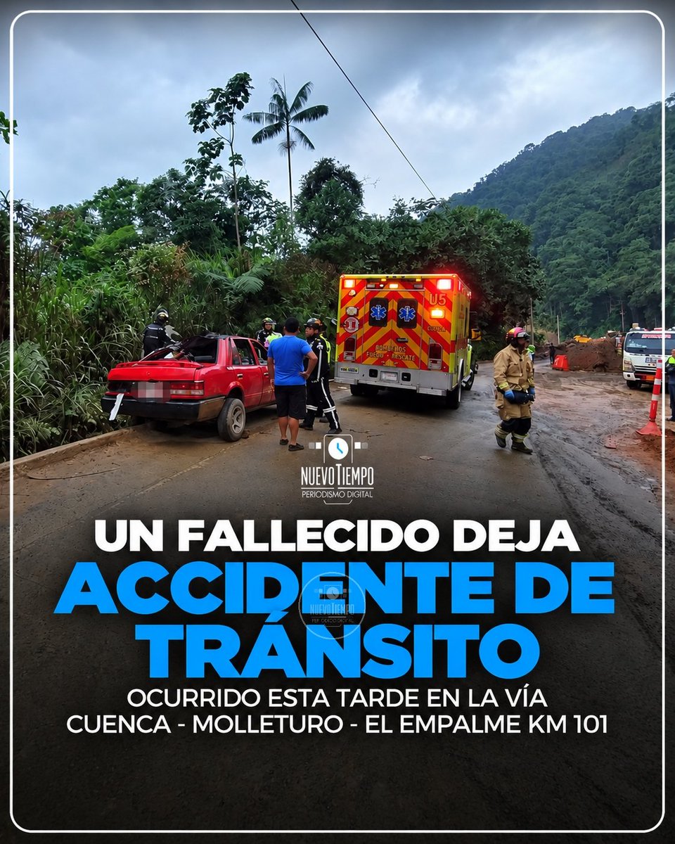 NuevoTiempoCue's tweet photo. 🔴🖤#Accidente | Un hombre falleció y tres personas más resultaron heridos la tarde de este sábado en un #accidente de tránsito registrado en el km 101 de la vía #Cuenca – #Molleturo – #ElEmpalme, informa @Bomberos_Cuenca.
📍Según el reporte personal de la Estación 12 de #Bomberos atendió a los heridos y los trasladó a casas de salud con el apoyo de entidades de primera respuesta. Lastimosamente, un hombre de aproximadamente 40 años falleció en el trayecto.