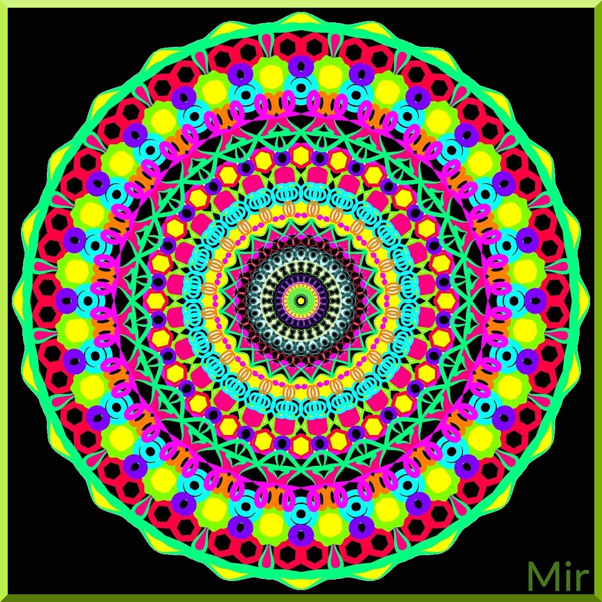 Kronenberg211's tweet photo. Mandala gemaakt met #JollyGrid in neonkleuren. Deze keer witte vel gevuld met vormen van binnenuit en later zwart toegevoegd... De omgeving vd #mandala met #Sumopaint zwart gevuld en ondertekent. Als laatste in #Lunapic een groen kader toegevoegd. #art
#ArtistofX #MirCreatiK🥳❣️ https://t.co/vAT3kRKzRQ