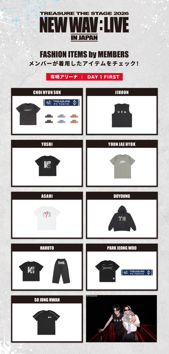 yg_treasure_jp's tweet photo. [🎪]

TREASURE THE STAGE 2026
NEW WAV : LIVE IN JAPAN

˗ˋˏ東京公演 DAY1 メンバー着用グッズ紹介ˎˊ˗

新商品のフォトTシャツやFC東京とのサッカーコラボグッズが登場✨

ぜひチェックしてくださいね✨
予想してお揃いコーデにしましょう🩷

#TREASURE #トレジャー #트레저
#THESTAGE_NEWWAV_LIVE_IN_JAPAN