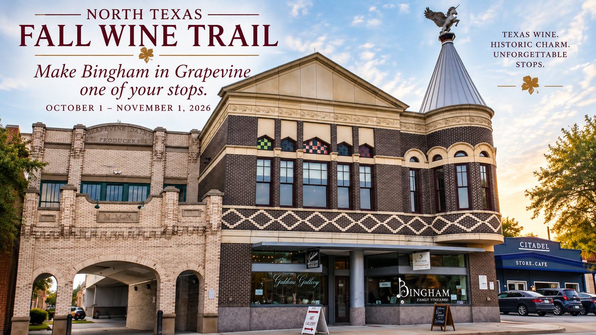 BinghamVineyard's tweet photo. Planning your North Texas Fall Wine Trail route? 🍷 Make Bingham Family Vineyards on historic Main Street in Grapevine one of your stops.

👉 Plan your visit

 https://t.co/rVGLvb47oA
#TXWine #GrapevineTX #NorthTexasWine https://t.co/4IlME7d0Wq