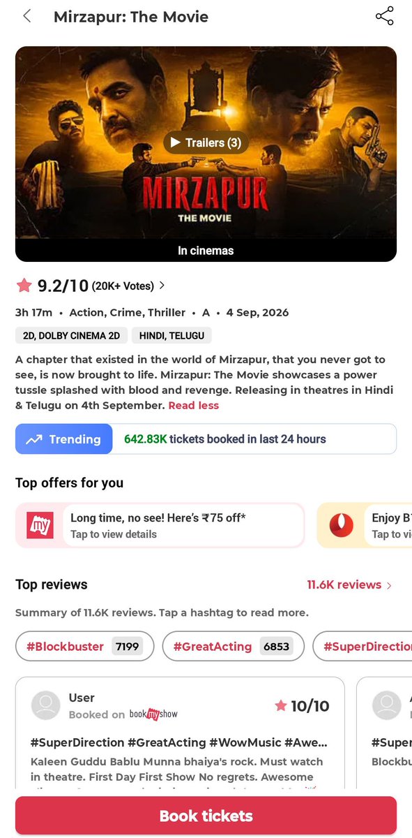 AbuzarK0210's tweet photo. 642K+ tickets in 24 hours on BMS! 🔥
9.2/10 user rating (20K+ votes) 💥
#MirzapurTheMovie is turning out to be an unstoppable monster at the box office. Opening weekend crossing ₹100 Cr Net is practically locked!
BLOCKBUSTER verdict is loading
#BoxOfficeIndia #MirzapurTheMovie https://t.co/OG0apxVTkI