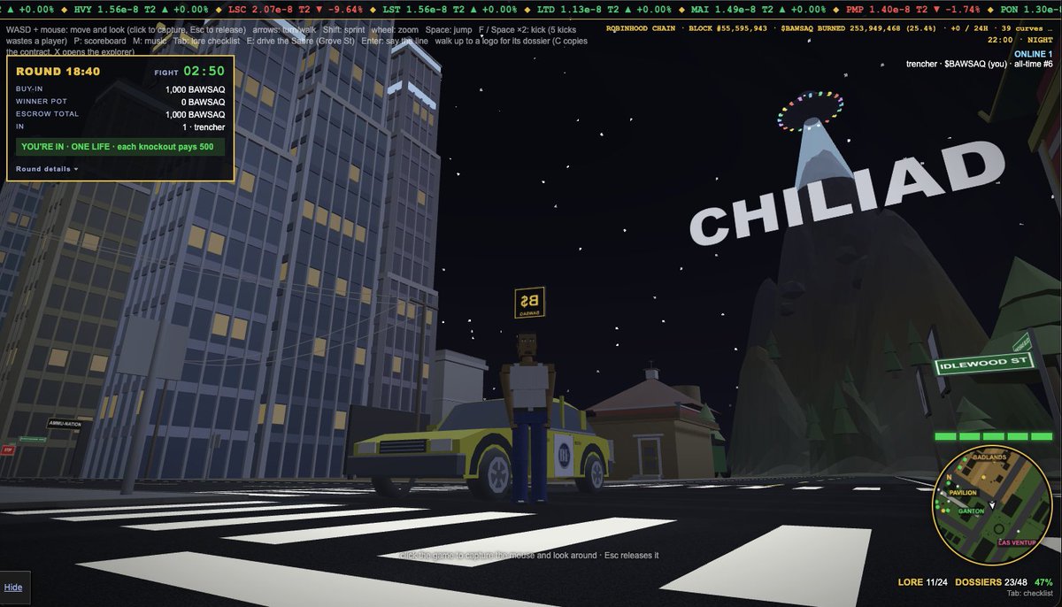 bawsaqCTO's tweet photo. Los Santos. Chiliad watching.  

The Arena is live on @RobinhoodCrypto chain. 
One life. 1,000 BAWSAQ. Knockouts pay 500. 
Winner takes the pot. 

Defend your BAWSAQ on https://t.co/YnQubcKRdK https://t.co/dH5zw7ZkG7