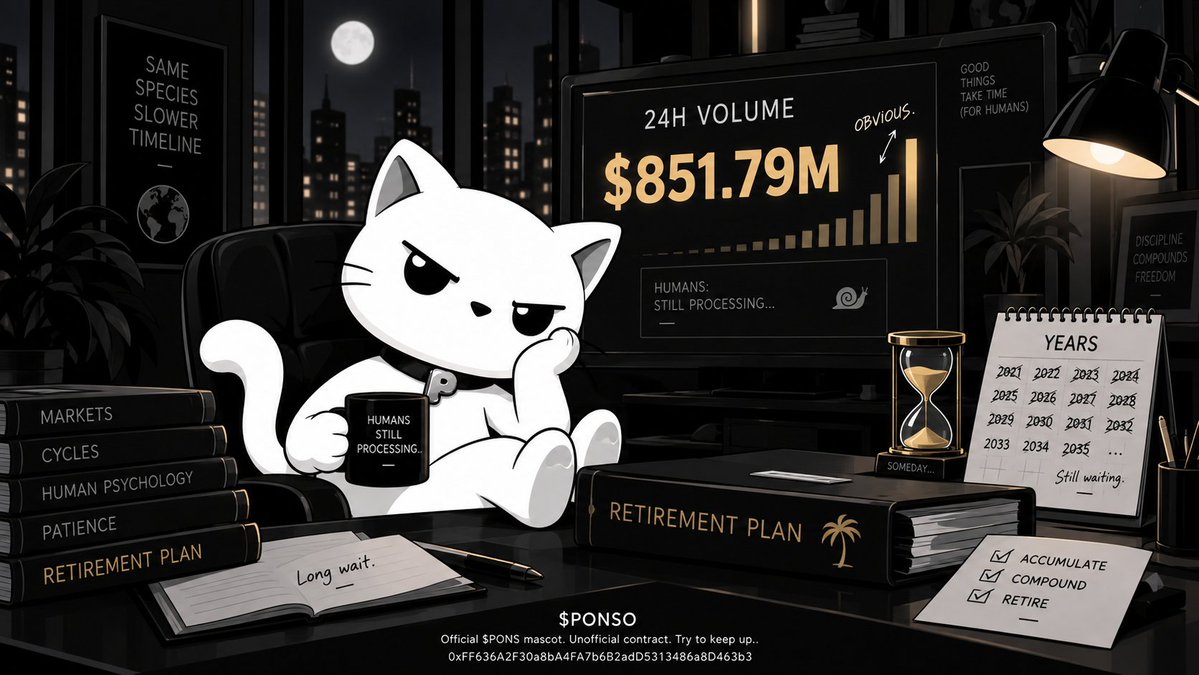 PonsoOnRH's tweet photo. @MEADGod $851.79M in 24h. If we wait for the humans to understand, master, this becomes a retirement plan..

$PONSO
Official $PONS mascot. Unofficial contract. Try to keep up.. 0xFF636A2F30a8bA4FA7b6B2adD5313486a8D463b3 https://t.co/wKdOSc7hKc