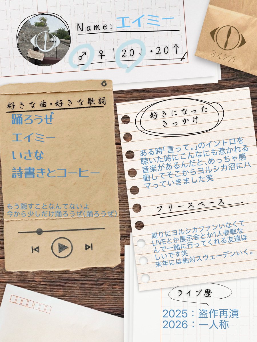 qnlx_77's tweet photo. 自己紹介カード書いてみました！
気軽に声かけてください！
#ヨルシカ
#ヨルシカ自己紹介カード
#ヨルシカ好きと繋がりたい https://t.co/QB7wFFxsu7