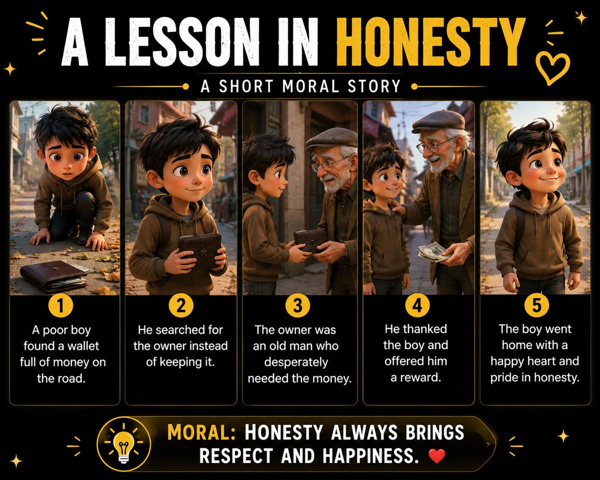 Liya428g's tweet photo. small act of honesty can make a big difference. ❤️
Choose honesty, even when no one is watching. Your character is your true wealth. ✨
What would you do if you found a wallet full of money? Comment below! 👇#MoralStory #Honesty #LifeLesson #ShortStory #Motivation #Inspiration https://t.co/QTxgKm2IDj