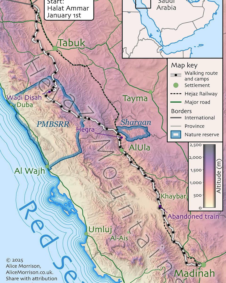 Paulinho2009's tweet photo. My very own map: the exact day-by-day route for stage one of my north-to-south walk across Saudi Arabia. Mapped by cartographer @harry, plotted by Alan Morissey, with logistics by @mallah_aldoroub. Walking alongside me: @shaya_adv, Abu Abdullah and https://t.co/xsdYuUt04f