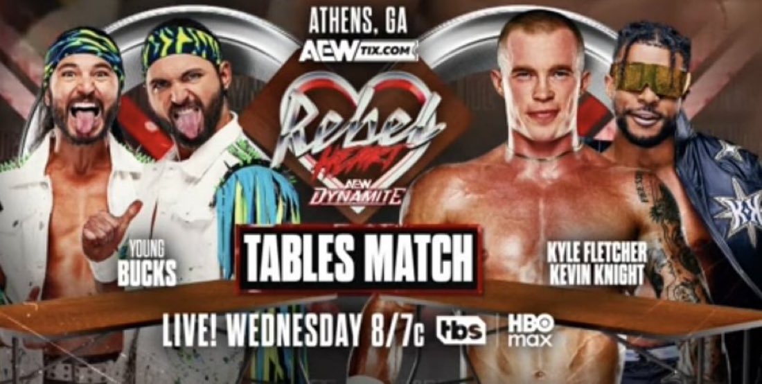 WrestlePurists's tweet photo. 🚨 JUST ANNOUNCED 

Young Bucks vs. Kyle Fletcher &amp; Kevin Knight in a Tables Match this Wednesday on Dynamite!

#AEWCollision https://t.co/NnmQi3EbpH