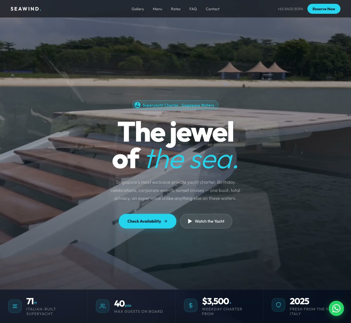 rezultweb's tweet photo. One luxury superyacht, out of Sentosa Cove. The owner wanted it marketed as its own premium brand — not lost inside a booking platform. We built a fast, single-purpose landing site: hero video, gallery, live rates, and every path leading straight to a WhatsApp enquiry. High https://t.co/qCHsQ9pAY3