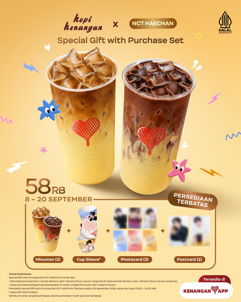 Kopikenangan_ID's tweet photo. SAVE THE DATE! Mulai 8 September 2026, kamu udah bisa beli Special Gift with Purchase Set periode 3 💛

Tersedia khusus di aplikasi Kopi Kenangan dan setiap pembelian minuman A Sip of Sunshine seharga 58RB, kamu akan mendapatkan:

✨ 2 Cup Sleeve*
✨ 3 Photocard*
✨ 2 Postcard*

Berikut pilihan minuman yang tersedia untuk Special Gift with Purchase Set periode 3:

- Opsi minuman pertama:  Banana Americano/Korean Banana Latte/Banana Choco ukuran Large
- Opsi minuman kedua: Korean Banana Latte/Banana Choco ukuran Large

Jangan sampai kehabisan! Mulai bisa dibeli setiap pukul 10.00 WIB ~

*Berlaku di outlet yang berpartisipasi selama persediaan masih ada (stok terbatas).

#KopiKenangan
#KopiKenanganxNCTHAECHAN