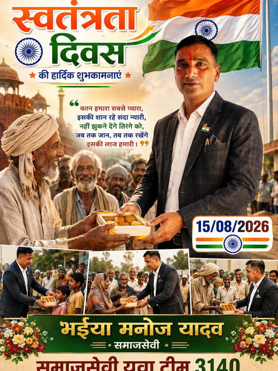 YeraniaV's tweet photo. आप सभी को स्वतंत्रता दिवस की हार्दिक शुभकामनाएं। भईया मनोज यादव समाजसेवी युवा टीम https://t.co/NWihRKm57r