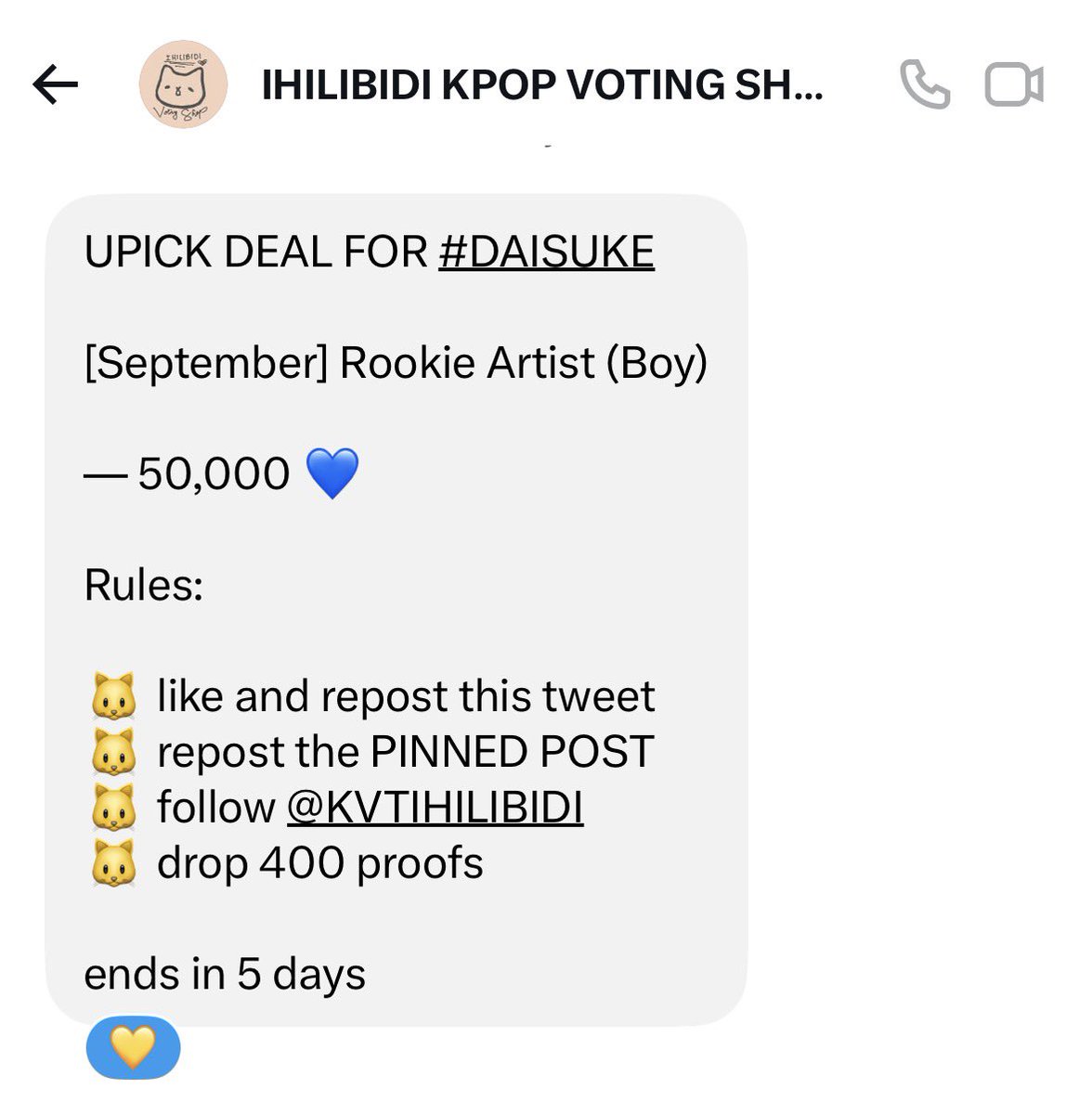daisukevst's tweet photo. 📢 UPICK DEAL FOR #DAISUKE‼️

[September] Rookie Artist (Boy)

— 50,000 💙

Rules:

🐱 like and repost this tweet
🐱 repost the PINNED POST
🐱 follow @KVTIHILIBIDI
🐱 drop 400 proofs

ends in 5 days

#DAISUKE #다이스케 
#아홉 #AHOF https://t.co/RVnc4ikUqP
