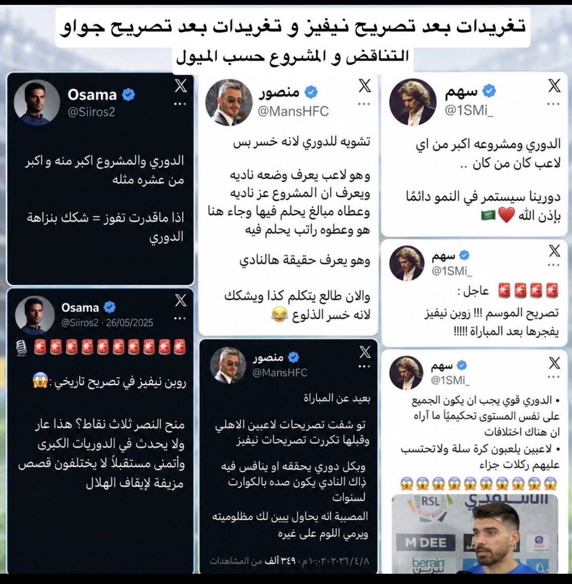 NFC_9V's tweet photo. لما نيفيز يتكلم عن التحكيم أو عن منح نقاط، يصير الدوري “مشروع وطني أكبر من أي لاعب” و “الشك فيه شك في النزاهة”.

لما جواو كانسيلو يتكلم عن الوعود والقائمة، يتغير الكلام فجأة ويصير اللاعب “ما يعرف حقيقة النادي” و “يتكلم لأنه خسر”.
 
الميول هنا أوضح من التصريح نفسه. نفس الحسابات اللي كانت ترفع شعار “الدوري أكبر من الجميع” صارت تدافع عن النادي ضد اللاعب لما الكلام جاء من جهة ثانية.

الوطنية والمشروع ما يتغيرون حسب نتيجة المباراة أو حسب مين اللي تكلم. إما الدوري مشروع أكبر من الأندية واللاعبين كلهم، أو هو أداة تُستخدم وقت الحاجة. التناقض اللي في الصورة يوضح الفرق.​​​​​​​​​​​​​​​​​​​​​​​​​​​​​​​​​​​​​​​​​​​​​​​​​​
.​​​​​​​​​​​​​​​​​​​​​​​​​​​​​​​​​​​​​​​​​​​​​​​​​​@1SMi_ 
@MansHFC 
@Siiros2 
الاستشراف وقت الحاجه تباً لكم جبناء متخلفين.. 
 #النصر_الاتحاد