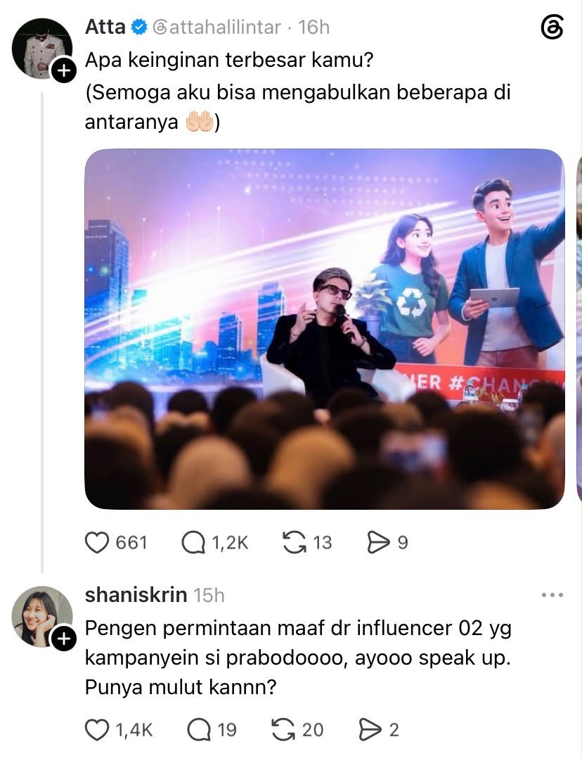 LambeSahamjja's tweet photo. atta halilintar posting di threads:
- dia nanya "apa keinginan terbesar kamu?"
- ada netizen balas dengan sindiran
- dia bilang keinginannya adalah permintaan maaf dari influencer pendukung 02
- yaitu yang dulu ikut kampanyein prabowo
- dia nantang "ayo speak up, punya mulut kan" https://t.co/MlfZ6YHhkI