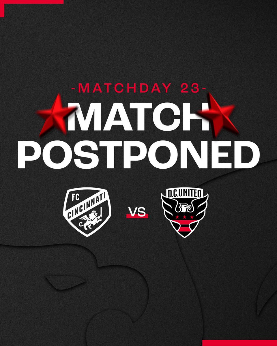 dcunited's tweet photo. Due to pitch conditions and resulting player safety concerns created by inclement weather in the Cincinnati area, tonight’s match between FC Cincinnati and the D.C, United has been postponed. The match will be played at a later date. https://t.co/oAeKMemKra