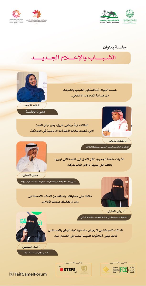 TaifCamelForum's tweet photo. 🎙️أبرز ما جاء في جلسة «الشباب والإعلام الجديد»

#منتدى_الطائف_تراث_وإعلام
#مهرجان_ولي_العهد_للهجن 
#الطائف https://t.co/ey8HwBu7z7