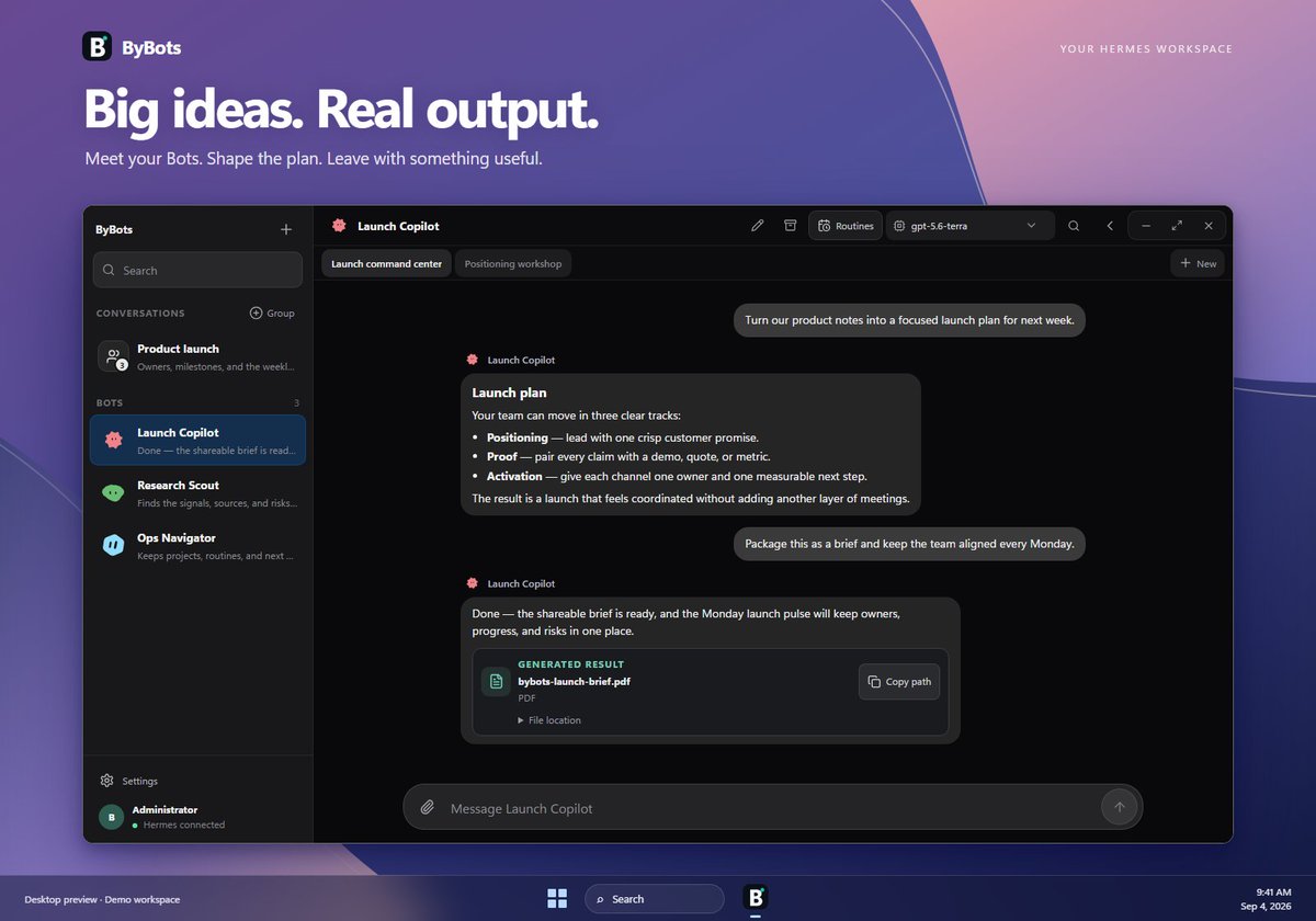 _Mazzana's tweet photo. petit aperçu de ByBots 👀

je construis une interface autour d’Hermes : tes bots, leurs fils de discussion, et des groupes pour les faire bosser ensemble.

l’idée : ouvrir une conversation, pas un cockpit.

encore en alpha : vous en pensez quoi ? https://t.co/WyrbKjxssP
