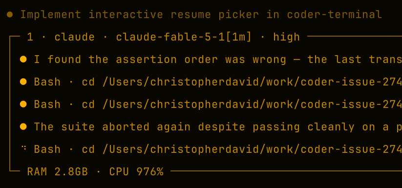 OpenAgentsInc's tweet photo. 1000% CPU each, thanks Claude and Codex

This is why they don't show you their own resource usage numbers 😆

Will make Coder increasingly good as a subagent so it can delegate to itself and not need these resource hogs https://t.co/1HXmPJndUS