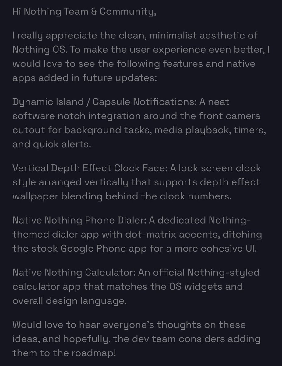 Call_Shahnawaz's tweet photo. In Feature Request: Dynamic Island, Vertical Depth Clock, and Stock Nothing Apps (Dialer &amp; Calculator)
@nothingindia https://t.co/izpF2xanmN