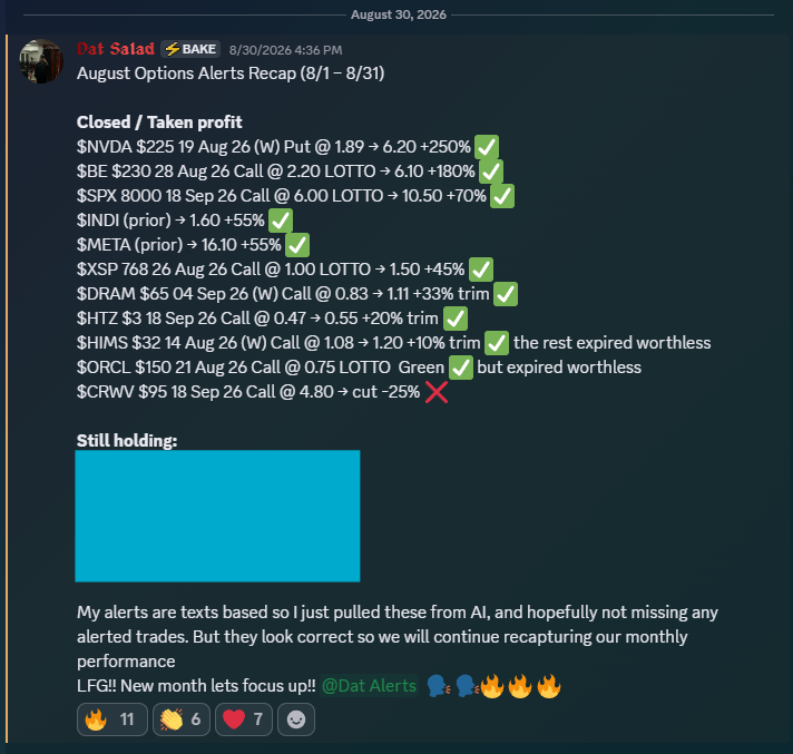 DatSalad's tweet photo. Hey guys, I rarely promote anything that you don't want to hear, but if you’re still struggling finding a trading home:

I’m currently in @The_BakeryHQ, where I share my day trade/swings/leaps alerts + educational charts.

The alerts are instant with trims, and clear exits if you want to grab some breads; super easy to follow.

@Breadddman 's The Bakery is a super sever with 9 different amazing alerters as well, each specialized in different areas so there’s always always something new to learn.

I’m taking a week off, but if you want to get in early and familiarize yourself with the server and meet other alerts before the grind starts back up, here’s the link:
https://t.co/iV5zPE2VmL