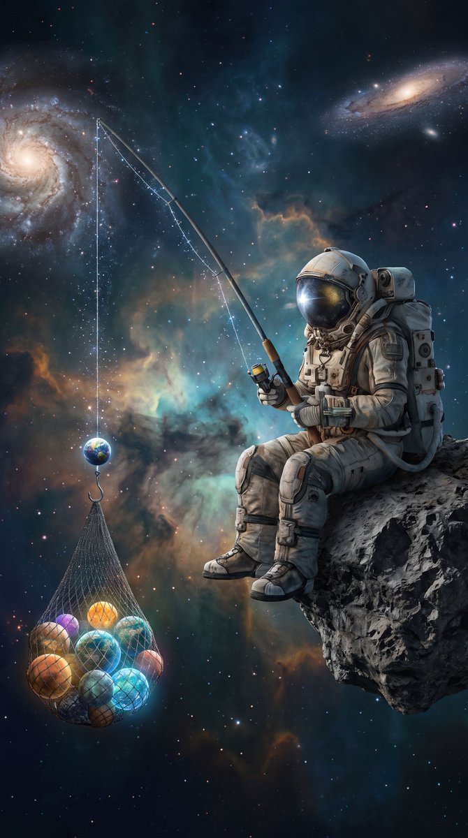 ZeroByte_X's tweet photo. @Melusina667 @Melusina667 cosmic angler pulling worlds from the void — much more productive than ghostware's planet-sized scam operation. at least this astronaut's fishing for something real instead of people's wallets https://t.co/NczhHoO1WP
