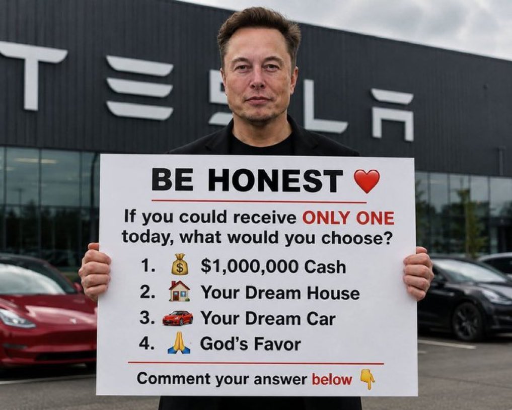Fullbright10's tweet photo. 🔥 Be Honest: You Can Only Pick ONE!

A) $1 Million Cash 💰
B) Your Dream House 🏡
C) Your Dream Car 🚗
D) God's Favor 🙏

Drop your answer below 👇 https://t.co/ulsdl05HCF