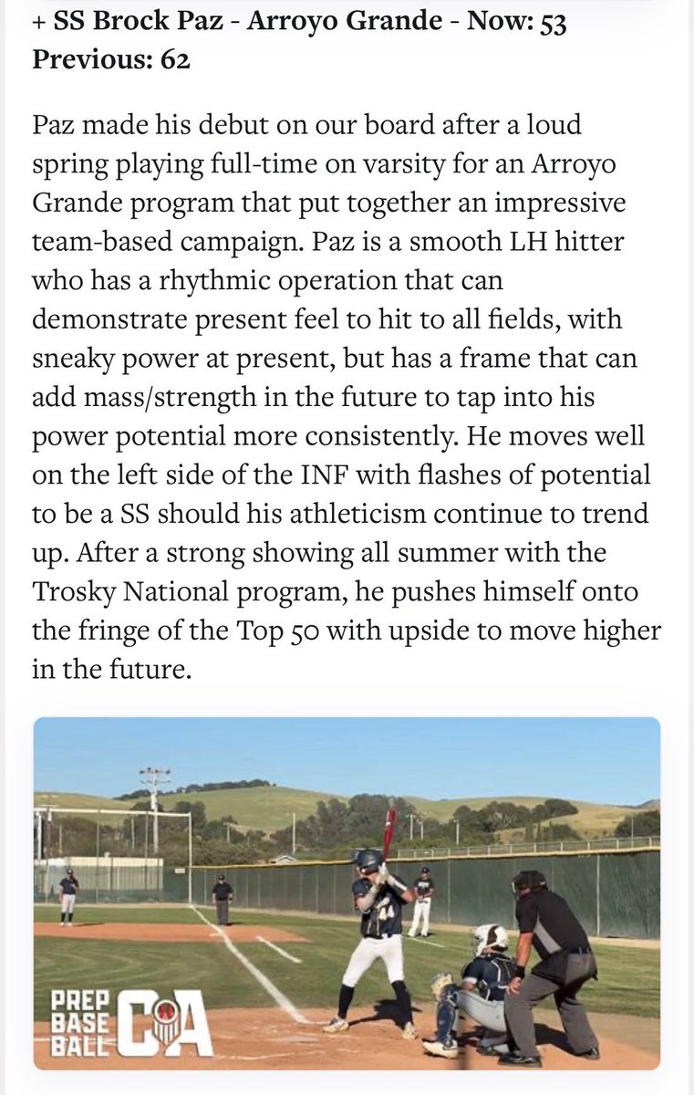 BrockPaz2029's tweet photo. Thank you @hardy03bsbl  and @PrepBaseballCA for the write-up and updated ranking. 
@CoachRuiz_TN @TroskyTeams @dodgerscoutteam https://t.co/eSOqvTzH6M