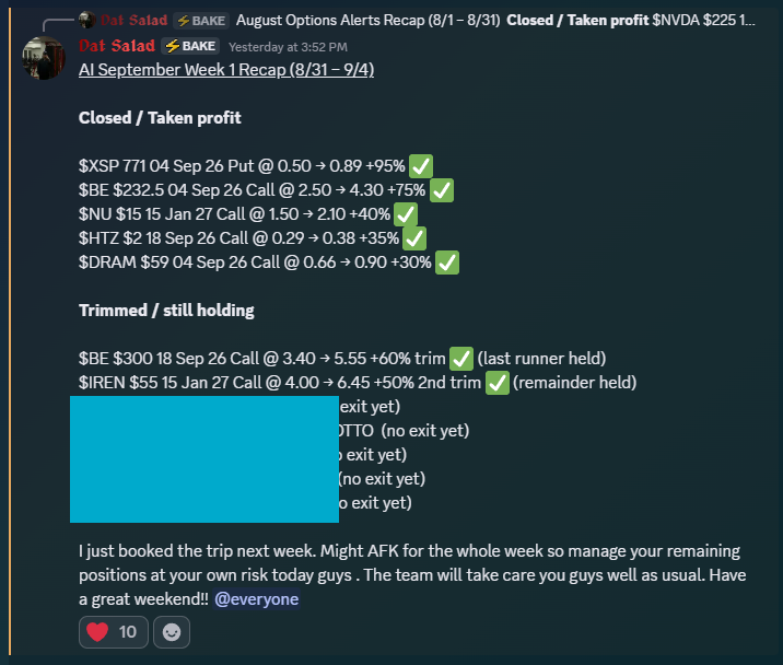 DatSalad's tweet photo. Hey guys, I rarely promote anything that you don't want to hear, but if you’re still struggling finding a trading home:

I’m currently in @The_BakeryHQ, where I share my day trade/swings/leaps alerts + educational charts.

The alerts are instant with trims, and clear exits if you want to grab some breads; super easy to follow.

@Breadddman 's The Bakery is a super sever with 9 different amazing alerters as well, each specialized in different areas so there’s always always something new to learn.

I’m taking a week off, but if you want to get in early and familiarize yourself with the server and meet other alerts before the grind starts back up, here’s the link:
https://t.co/iV5zPE2VmL