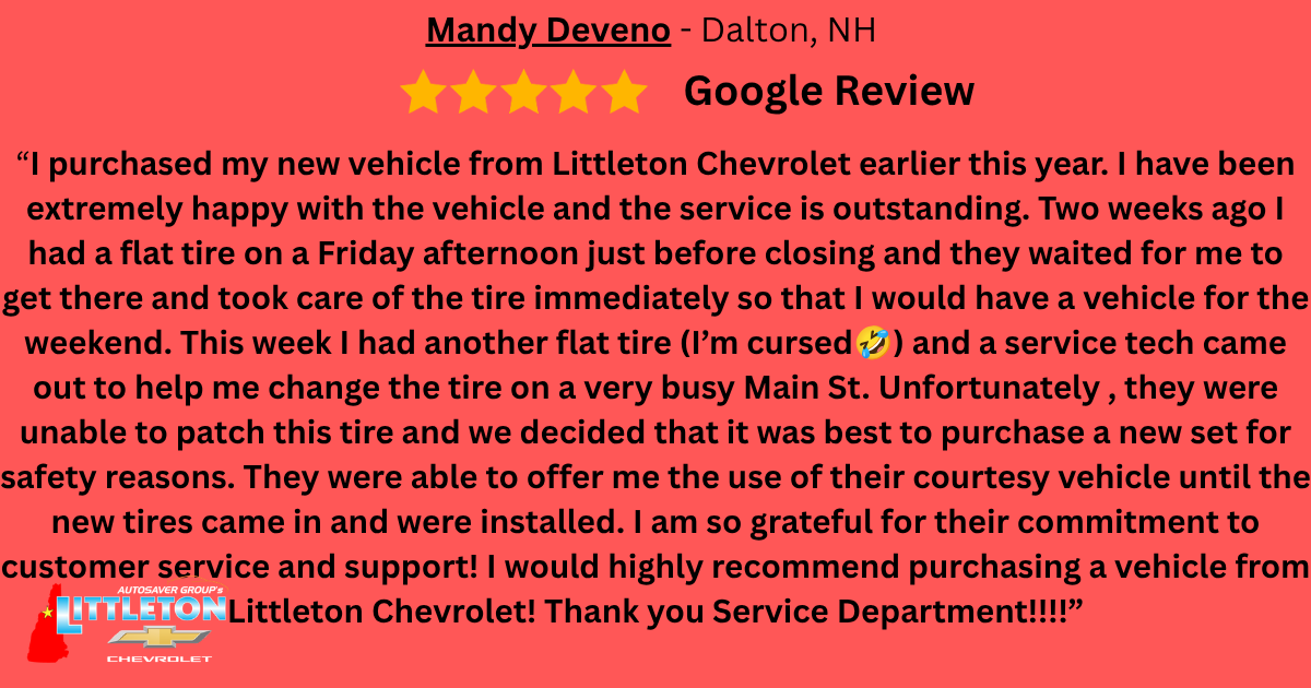 LittletonChevy's tweet photo. Thank you Mandy for your wonderful 5 star Google review about your experience with our team. We thank you for your trust and business. #ExperienceTheDifference #CustomersForLife https://t.co/5wnvCLYv1l