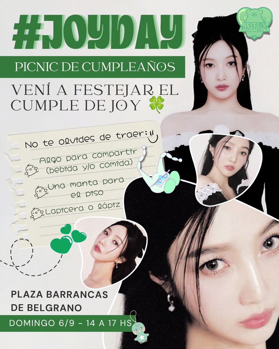 ReVeluvArg's tweet photo. [ #JOYDAY ] 💚🍀🐤

Vení a festejar el cumple de Joy con nosotros en un hermoso picnic con cositas ricas, juegos y regalitos (!)

➡️¿Cuándo? Domingo 6 de septiembre, de 14 a 17 hs
➡️¿Dónde? Plaza de Barrancas de Belgrano

¡Traete algo para compartir, una mantita y una lapicera! https://t.co/dOjZ5LnRyH