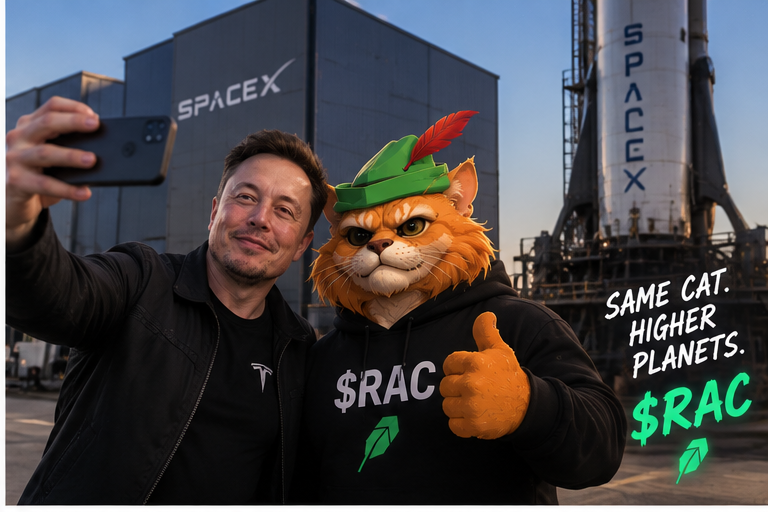 RobinApeCat's tweet photo. “Asked Elon for directions. He just pointed up. 🚀🐈 $RAC” https://t.co/ZrEaGmUwq7