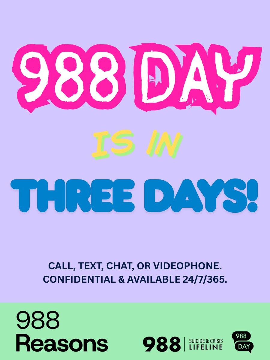 AFSP_Mo's tweet photo. #988Day is in three days! Here are three 988 Suicide & Crisis Lifeline facts:
💜24/7/365 free and confidential emotional support
🩵Talk, text, chat, and videophone (deaf and hard of hearing)
💜Spanish and English options
.
.
#988DayCountdown #YourReasonIsReasonEnough #YouMatter https://t.co/jKArGP9XiX