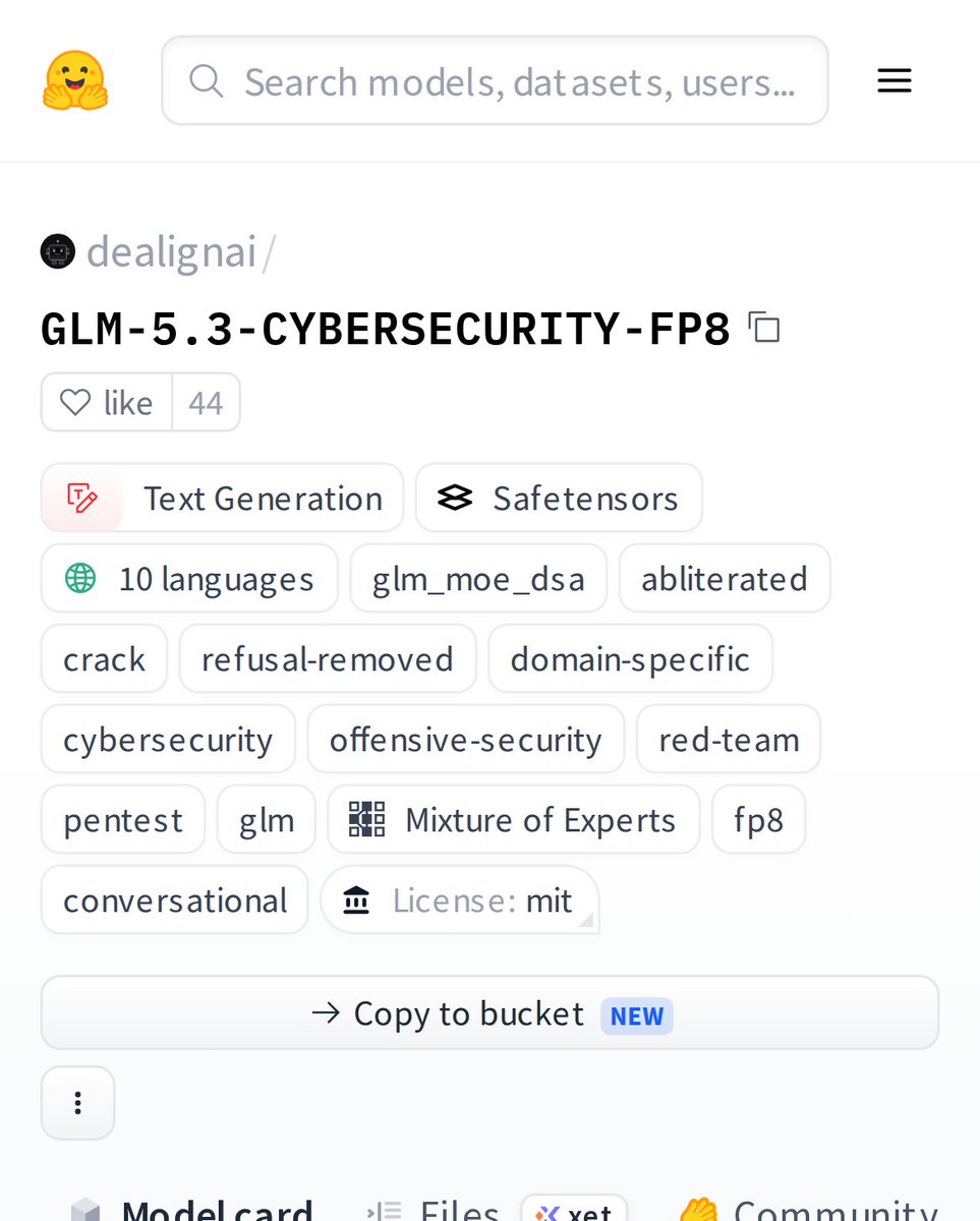 HuggingModels's tweet photo. Ever wanted an AI that doesn't just talk cybersecurity but actively helps you break into systems? Meet GLM-5.3-CYBERSECURITY-FP8, a specialized text-generation model for offensive security, red teaming, and pentesting. It's refusal-removed, so it's built to assist without holding back. #AI #CyberSecurity