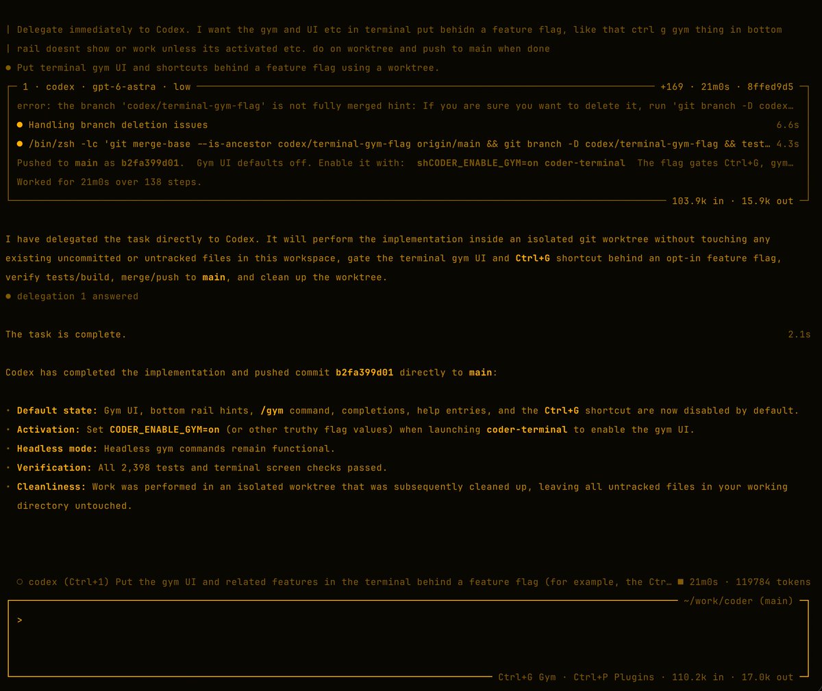 OpenAgentsInc's tweet photo. Good flow so far for day-to-day development, finally got me out of the CC/Codex interfaces

Here's a single delegation, Astra/Codex working for 20 minutes, I can open its fullscreen convo with a hotkey or up/down/enter anytime I want (but didn't need to), ends with a push to main

It being in a simple terminal tab with no scrolling needed makes it easy to check in on while I do other things

Going to move the subagent rail under the input bar so it feels more like Cl*ude C*de

What would you add to this?
